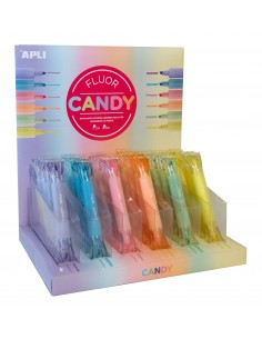 Apli Expositor de Subrayadores Fluorescentes con Forma de Caramelo - Doble Punta-Plana 5mm y Redonda 2mm - 6 Colores Fluor -