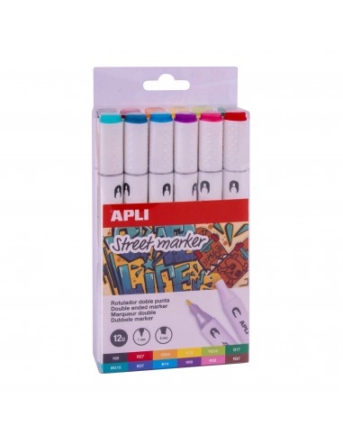 Apli Street Marker Rotuladores de Doble Punta - Punta Redonda de 1mm y Biselada de 6mm - Tinta de Base Alcohol - 12 Colores