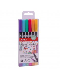 Apli Rotuladores Acuarelables de Doble Punta - 1-4mm y 1mm - Tonos Pastel - Tinta Base Agua - Mezclables - Pack 6 Colores