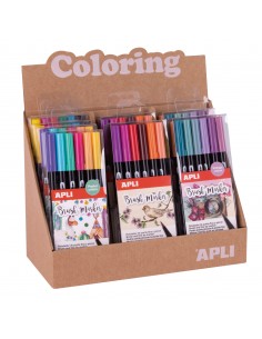 Apli Coloring Brush Markers - Expositor con 8 Packs Surtidos - Doble Punta de Nylon Tipo Pincel de 1-4 mm y Punta Redonda de