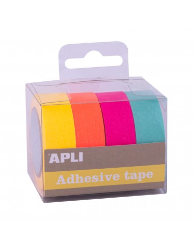 Apli Pack Cintas Adhesivas de Papel Washi - 4 U - Tonos Fluor - Decoracion y Manualidades - Multicolor