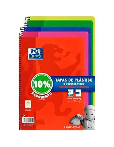 Oxford Classic Pack de 5 Cuadernos Espiral Formato Folio Cuadriculado 4x4mm - 80 Hojas - Tapa de Plastico - Colores Vivos