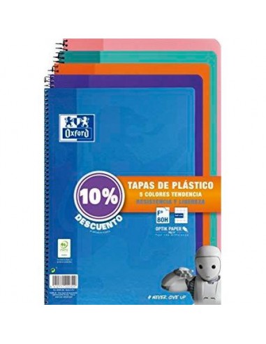 Oxford Classic Pack de 5 Cuadernos Espiral Formato Folio Cuadriculado 4x4mm - 80 Hojas - Tapa de Plastico - Colores Tendencia