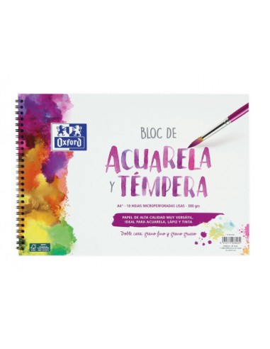 Oxford Bloc de Acuarela y Tempera Escolar Espiral Formato A4-Liso - 20 Hojas Microperforadas 300gr Color natural - Papel de