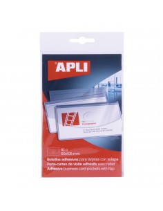 Apli Bolsillos Adhesivos Porta Tarjetas con Solapa de Cierre - Pack de 10 - 100 x 60mm - Ideal para Presentaciones Impresas
