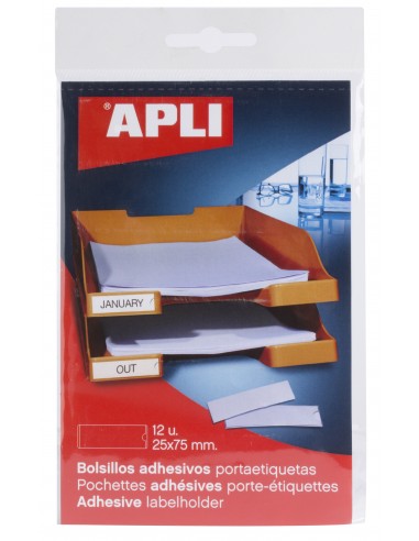 Apli Bolsillos Adhesivos para Etiquetas - Tamaño 25x75mm - Cambia la Informacion de la Etiqueta Segun tus Necesidades -