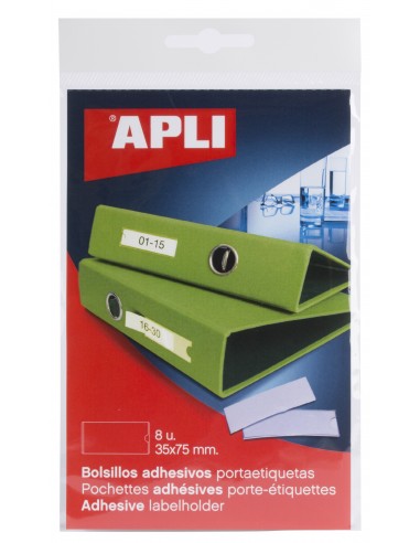 Apli Bolsillos Adhesivos para Etiquetas - 35 x 75mm - Cambia la Informacion de la Etiqueta Segun tus Necesidades - Contiene 8