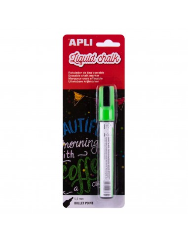 Apli Rotulador de Tiza Liquida Verde - Punta Redonda de 5.5mm - Facil de Borrar con Paño Humedo - Secado Rapido y Libre de