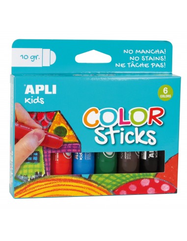 Apli Color Sticks Temperas Solidas - Pack de 6 Unidades de 10g - Acabado Satinado sin Necesidad de Barniz - Secado Rapido en