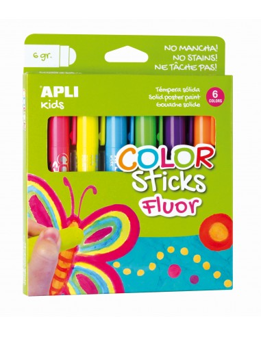 Apli Color Sticks Temperas Solidas Fluorescentes - Pack 6 Unidades de 6g - Acabado Satinado sin Necesidad de Barniz - Secado