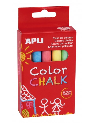 Apli Tizas Redondas de Colores Surtidos - Pack de 10 Tizas de Ø 9 x 80mm - sin Polvo - Ideales para Escribir-Dibujar y