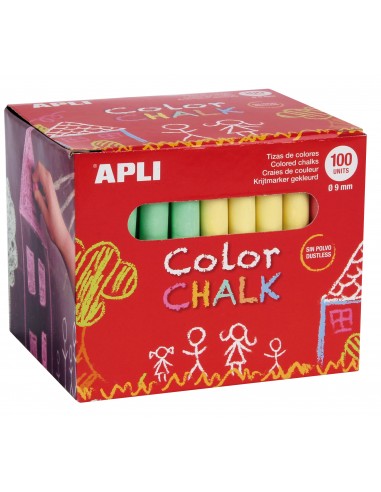 Apli Tizas Redondas de Colores Surtidos - Pack de 100 Tizas Ø 9 x 80mm - sin Polvo - Ideales para Escribir-Dibujar y