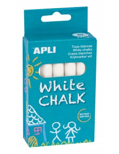 Apli Tizas Blancas Redondas - Pack de 10 - Tamaño Ø 9 x 80mm - Bajo en Residuo y sin Polvo - Ideal para Escribir-Dibujar y