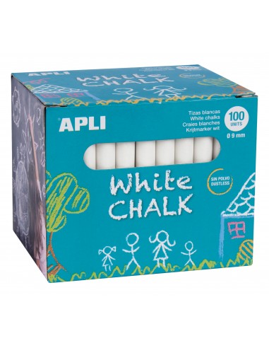 Apli Tizas Blancas Redondas - Pack de 100 Unidades Tamaño Ø 9 x 80mm - Ideales para Escribir-Dibujar y Colorear en