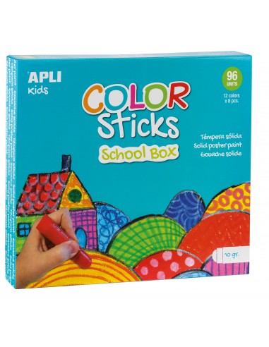 Apli Color Sticks Temperas Solidas - Caja de 96 Unidades de 10g - Colores Surtidos Ideales para Escuelas y Colectivos -