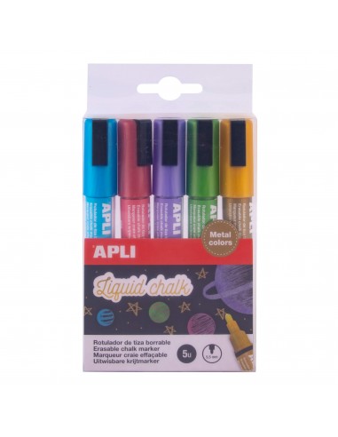 Apli Rotuladores de Tiza Liquida Metalizados - Punta Redonda de 5.5mm - Facil de Borrar - Secado Rapido - Uso Sencillo - Base