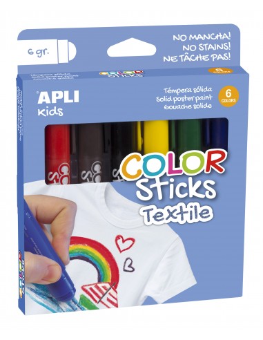 Apli Color Sticks Textil - Pack 6 Unidades de 6g - Colores Surtidos Resistentes Al Lavado - Secado Al Aire en 12 Horas -