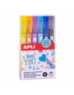 Apli Rotuladores Doble Linea - 5.5mm - Base de Alcohol - Pack 6 Colores - Escritura Interior Plata con Contorno de Color -