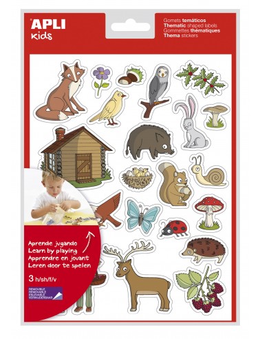 Apli Bolsa de Gomets Tematicos el Bosque - 69 Gomets en 3 Hojas - Ilustraciones Educativas de Animales y Objetos del Bosque -