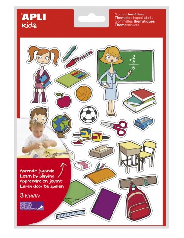 Apli Bolsa de Gomets Tematicos la Escuela - 78 Gomets en 3 Hojas - Adhesivo Removible - Ilustraciones Educativas - Adhesivo