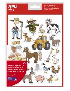Apli Bolsa de Gomets Tematicos la Granja - 276 Gomets en 12 Hojas - Adhesivo Removible - Ideal para Escuelas - Adhesivo Base