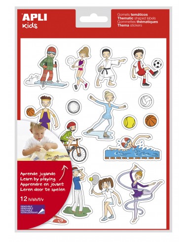Apli Bolsa de Gomets Tematicos Deportes - 204 Gomets en 12 Hojas - Ilustraciones Divertidas para Enriquecer Vocabulario y