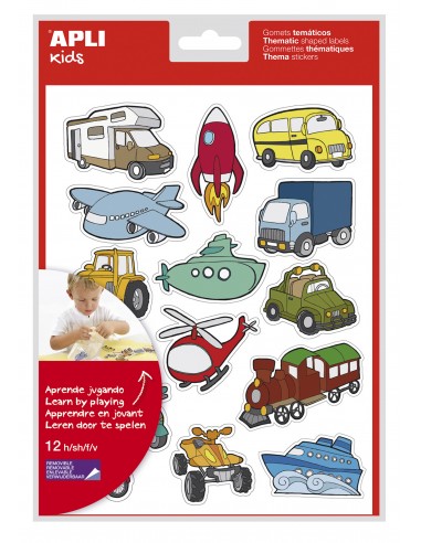 Apli Gomets Tematicos Transportes - 180 Gomets en 12 Hojas - Adhesivo Removible - Ideal para Aprendizaje - Cumple Normas