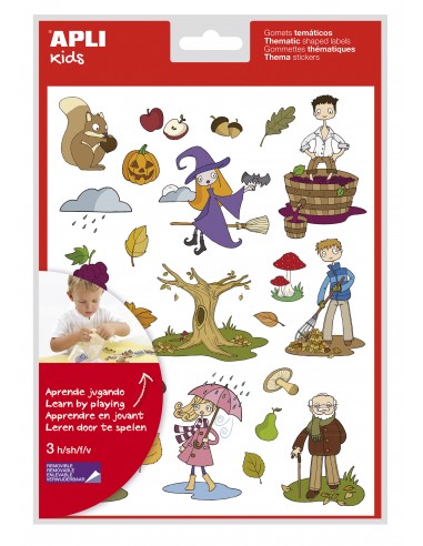 Apli Bolsa de Gomets Tematicos el Otoño - 72 Gomets en 3 Hojas - Adhesivo Removible - Ilustraciones Educativas - Adhesivo