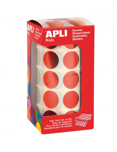 Apli Gomets Redondos Ø 20mm Rojo Metalizado - 59 Hojas Pretroqueladas - 1770 Gomets por Rollo - Ideal para Actividades
