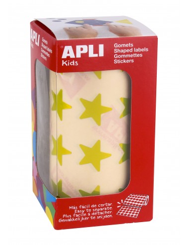 Apli Gomets Estrella Amarillo Metalizado - Tamaño 19.5mm - 1416 Gomets por Rollo - Adhesivo Base Agua - Normas EN-71 y FSC