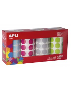 Apli Gomets Redondos Ø 20mm - Colores Surtidos - Adhesivo Permanente - 4 Rollos - 7080 Gomets - Desarrollo Psicomotriz -
