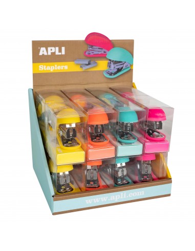 Apli Expositor de Grapadoras Fluor Collection - Tamaño 63mm - 16 Unidades en 4 Colores Intensos - Incluye 1000 Grapas