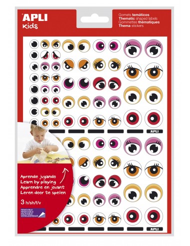 Apli Bolsa de Gomets Tematicos con Ojos - 312 Gomets - Adhesivo Removible - Desarrolla Habilidades Motoras - Identifica