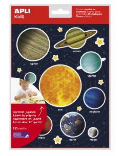 Apli Gomets Tematicos Sistema Solar - 240 Gomets en 12 Hojas - Adhesivo Removible - Ideal para Aprendizaje Visual y