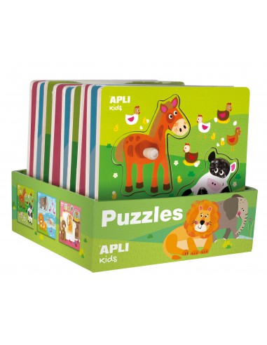 Apli Expositor de Puzles de Madera Encajables Tematica Infantil Animales - 20x20 cm - 9 Puzles con Guia Impresa - Alto Valor