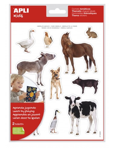 Apli Bolsa de Gomets Tematicos Realistas Animales de la Granja - 24 Gomets - Adhesivo Removible - Desarrollo de Habilidades