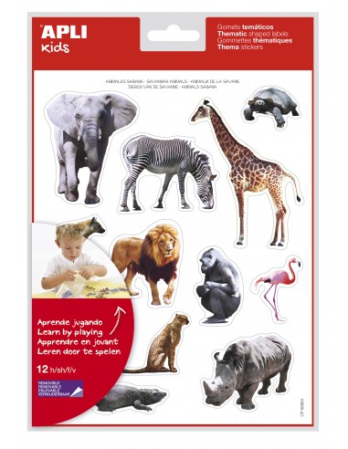 Apli Gomets Tematicos Realistas Animales Sabana - 144 Gomets - Adhesivo Removible - Ideal para Desarrollar Habilidades