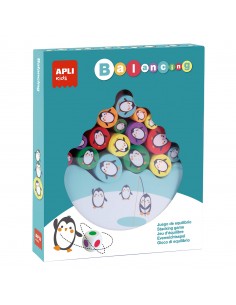 Apli Juego de Equilibrio de Pingüinos - 16 Piezas de Madera de Alta Calidad - Base en Forma de Iceberg - Dado con Colores -