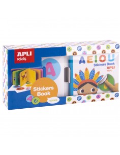 Apli Libro de Pegatinas Educativo Vocales - Tamaño 100x100x40 - 10 Paginas de Carton Rigido de 3mm - 5 Hojas de Gomets