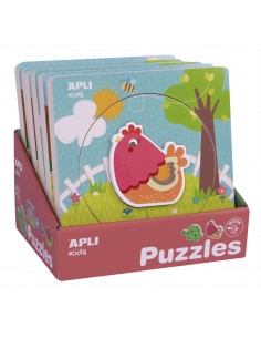 Apli Expositor de Puzles de Madera Encajables - 198x198x18 mm - 6 Puzles con Ciclo de Vida y Animal - Guia Impresa - Alto
