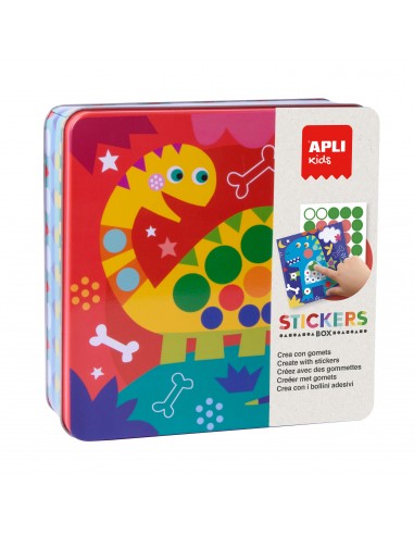 Apli Kids Juego de Gomets Dino - Incluye 8 Laminas Ilustradas - 8 Hojas de Gomets Removibles - Caja Metalica Exclusiva