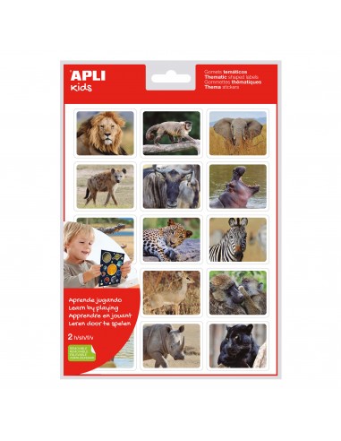 Apli Gomets Realistas Animales en su Habitat - 30 Gomets Tematicos Rectangulares por Bolsa - Imagenes Realistas de Animales