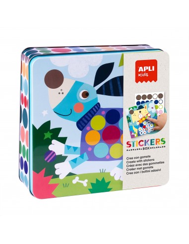 Apli Juegos de Gomets Perros en Caja Metalica - Incluye 8 Laminas Ilustradas y 8 Hojas de Gomets Removibles - Alto Valor