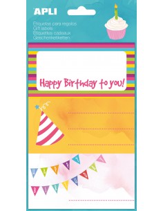 Apli Etiquetas Adhesivas Happy Birthday - Tamaño 76x39mm - 9 Etiquetas en 3 Hojas - Adhesivo Permanente de Alta Calidad -