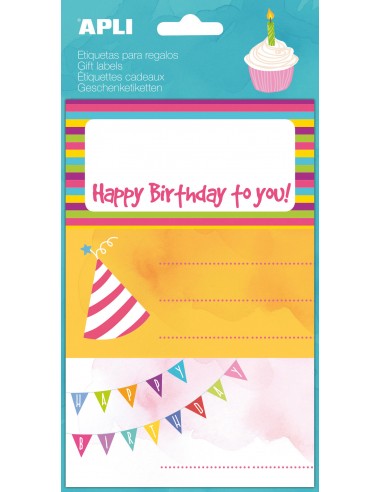 Apli Etiquetas Adhesivas Happy Birthday - Tamaño 76x39mm - 9 Etiquetas en 3 Hojas - Adhesivo Permanente de Alta Calidad -