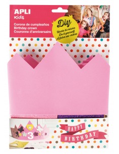 Apli Corona de Goma Eva Rosa con Accesorios - Ajustable a Diferentes Medidas - 10 Numeros Adhesivos - 24 Formas de Goma Eva