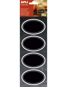 Apli Etiquetas Pizarra Ovaladas 80x50mm - Adhesivo Removible - 2 Hojas (8 Etiquetas) - Tiza Liquida o Convencional - Borrado