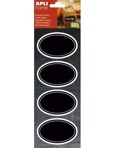Apli Etiquetas Pizarra Ovaladas 80x50mm - Adhesivo Removible - 2 Hojas (8 Etiquetas) - Tiza Liquida o Convencional - Borrado