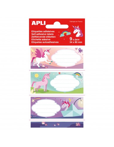 Apli Etiquetas Adhesivas Escolares Unicornios - Tamaño 81x36mm - 9 Etiquetas (3 por Diseño) - Adhesivo Permanente de Alta