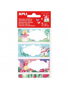 Apli Etiquetas Adhesivas Escolares Princesas - Tamaño 81x36mm - 9 Etiquetas en 3 Hojas - Adhesivo Permanente de Alta Calidad
